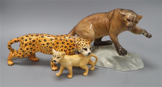 Three Beswick large cats: Mountain lion, leopard and lion cub height 22cm